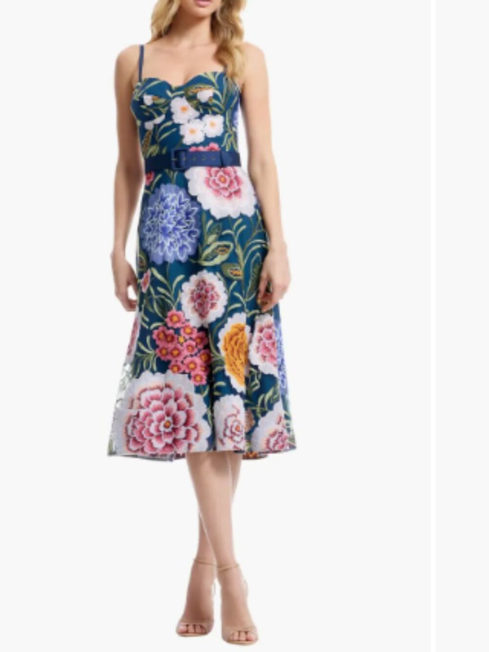 NWT Dress The Population - Carlita Belted Floral Embroidered Midi Dress